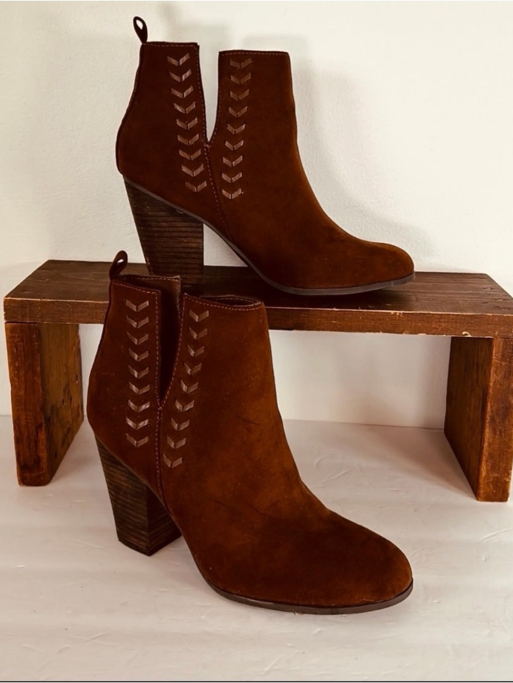Women's Brown faux Suede Ankle Bootie with Stacked Heel by Carlos